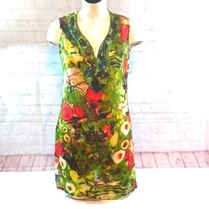 Y2K Wayan Natural Wear Womans V Neck Beaded  Floral Midi Dress Sz S